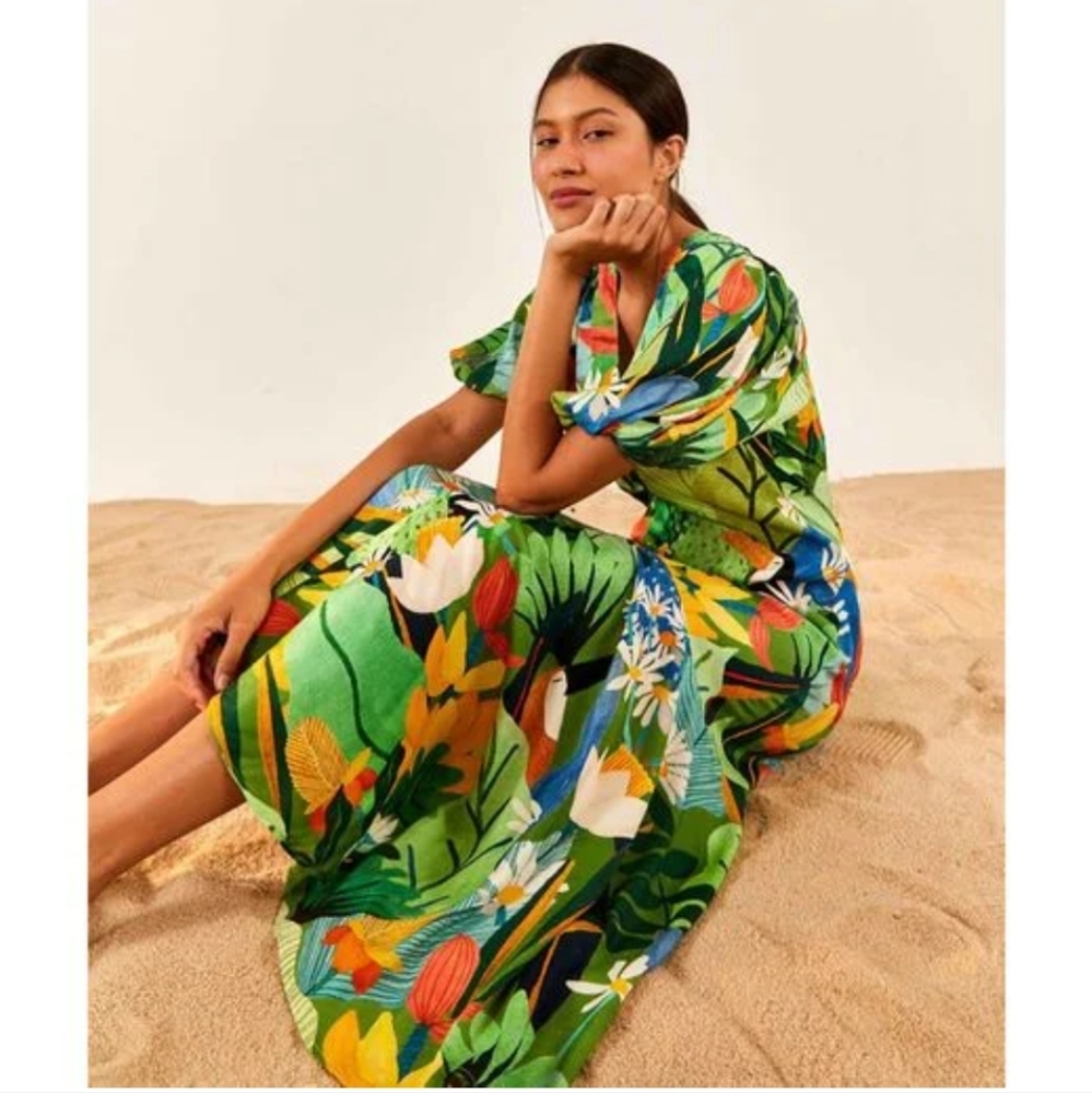 NWT Farm Rio Green Vintage Toucans Button-down Midi Dress